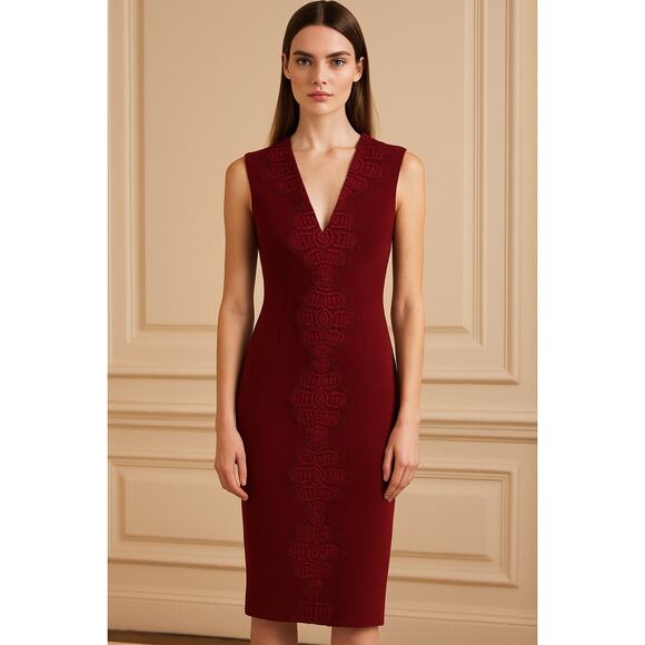 Lela Rose Sleeveless Sheath Dress Lace Detail Burgundy Red size 2 - Picture 1 of 9